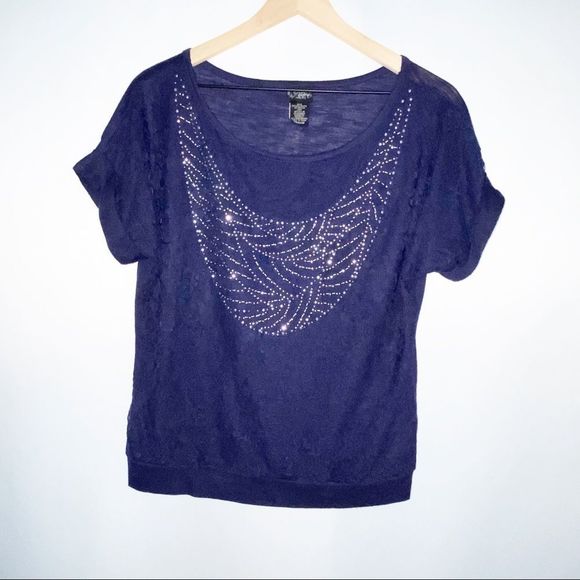 Daytrip Navy Blue Lace Embellished Blouse Medium M - Picture 2 of 8